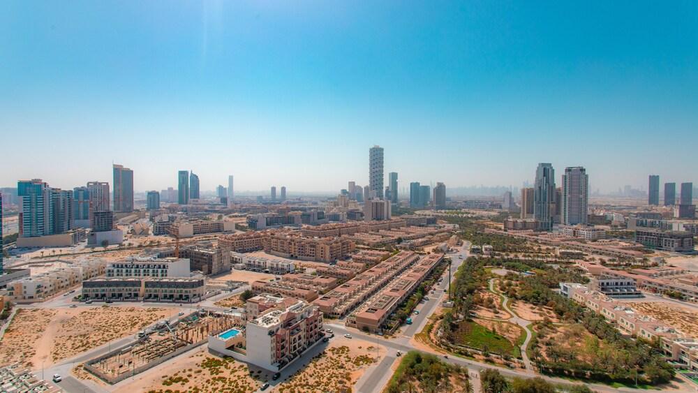 Stylish flat aerial view & pool
